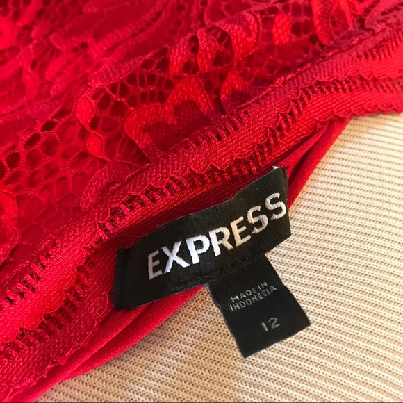 Express Red Lace One Shoulder Puff Sleeve Dress - Picture 5 of 7